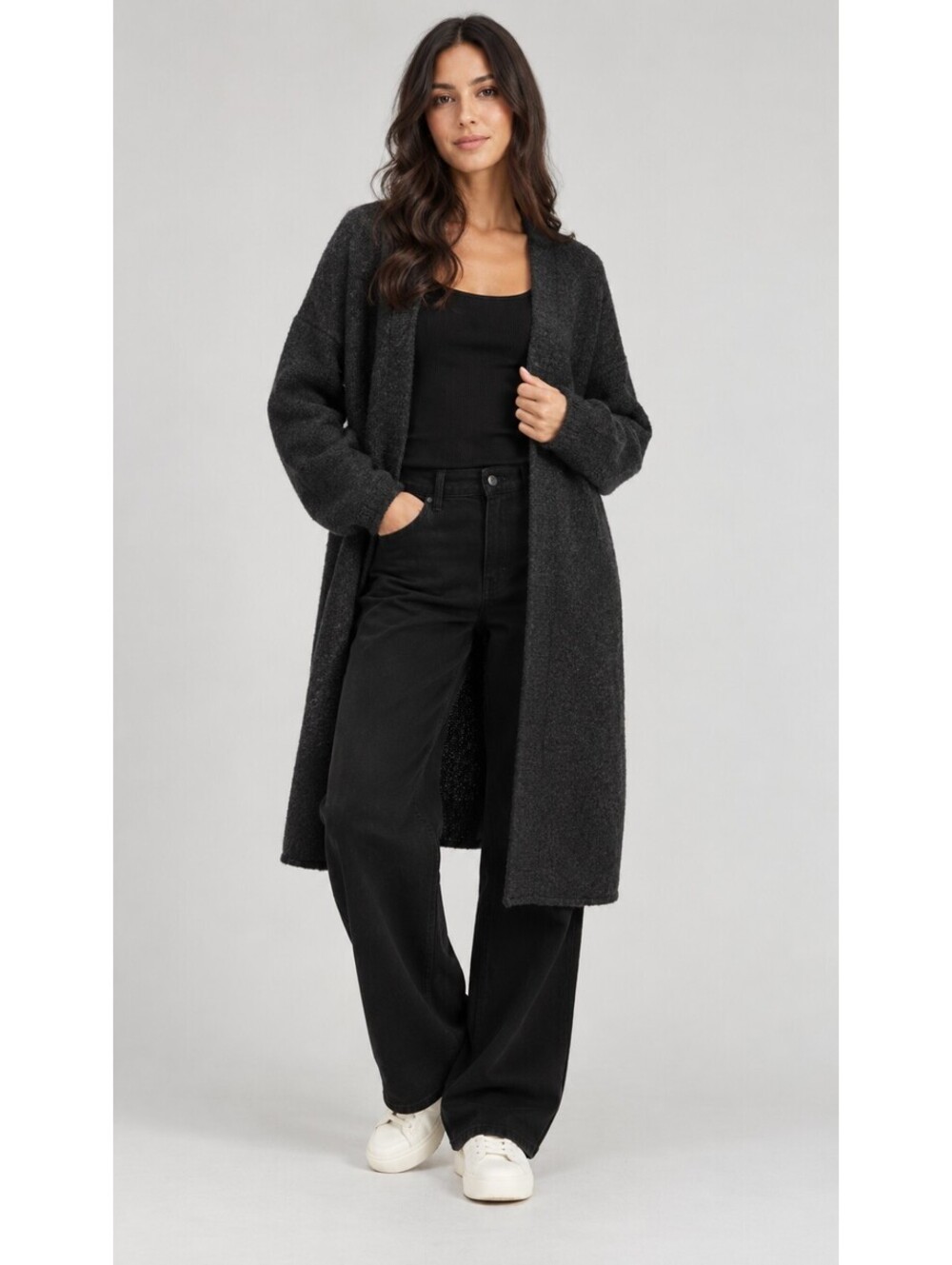 Oak + Fort Longline Knit Cardigan Sweater Charcoal XS Stretchy